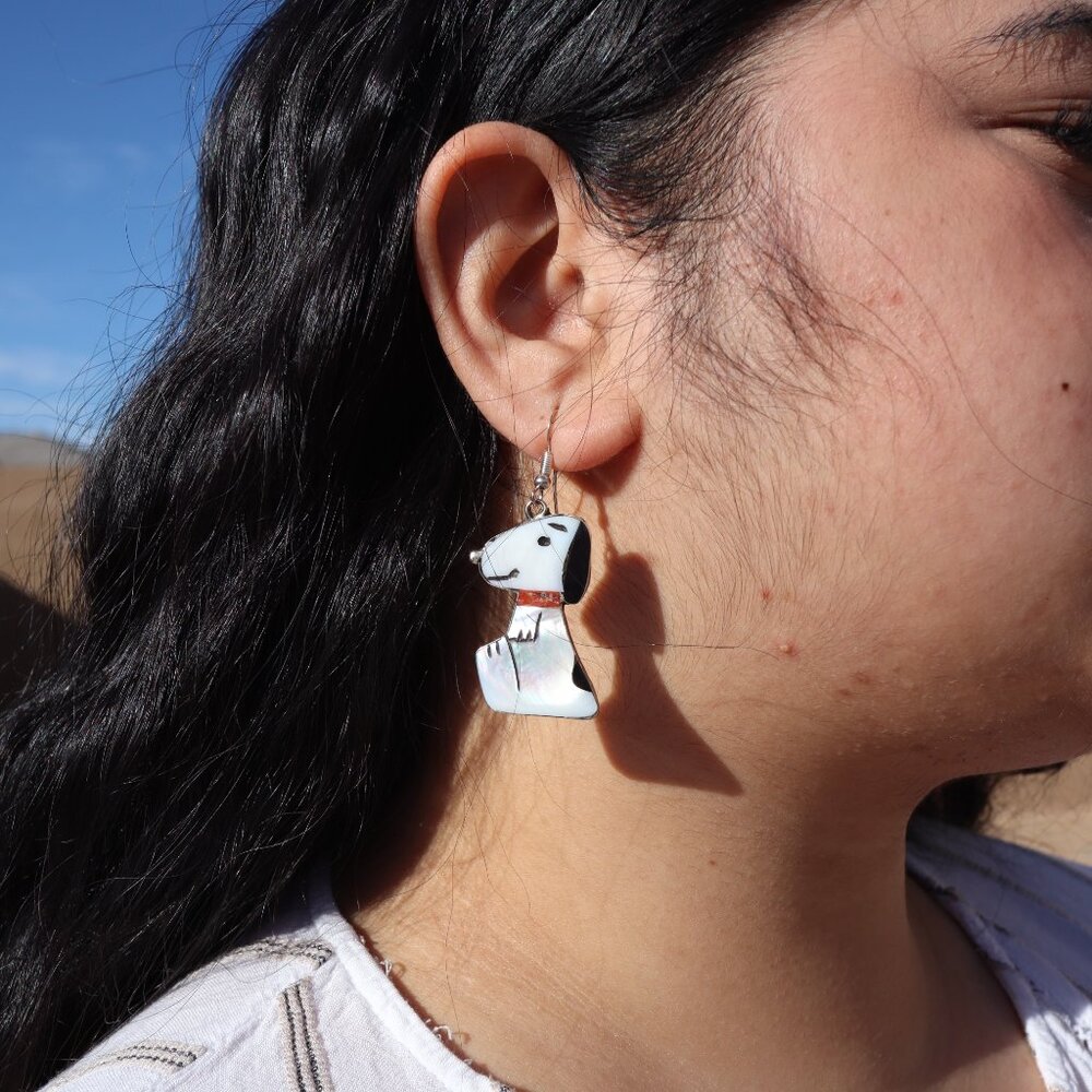 Handmade Zuni Inlay Large Snoopy Dog Dangle Earrings Sterling Silver Jewelry‎ ** - Picture 7 of 15